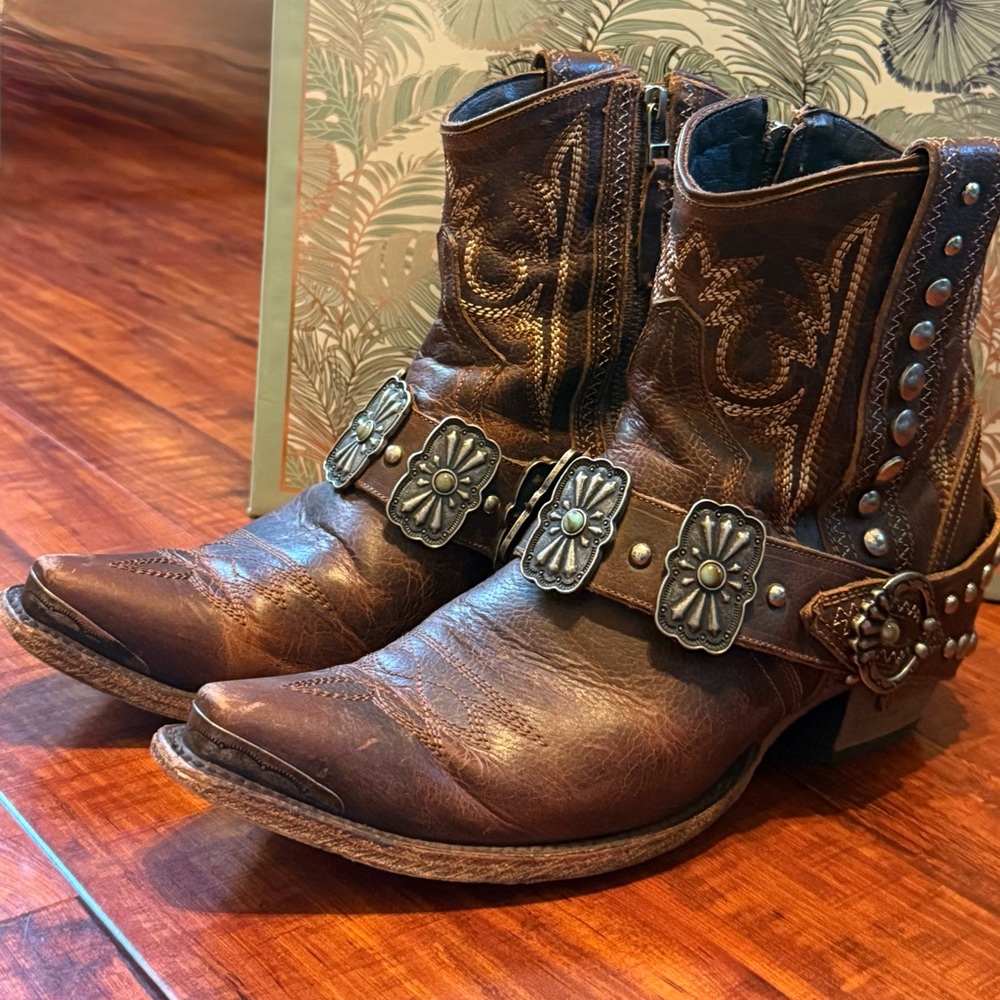 Brown Leather Ankle Boots with Studded Strap